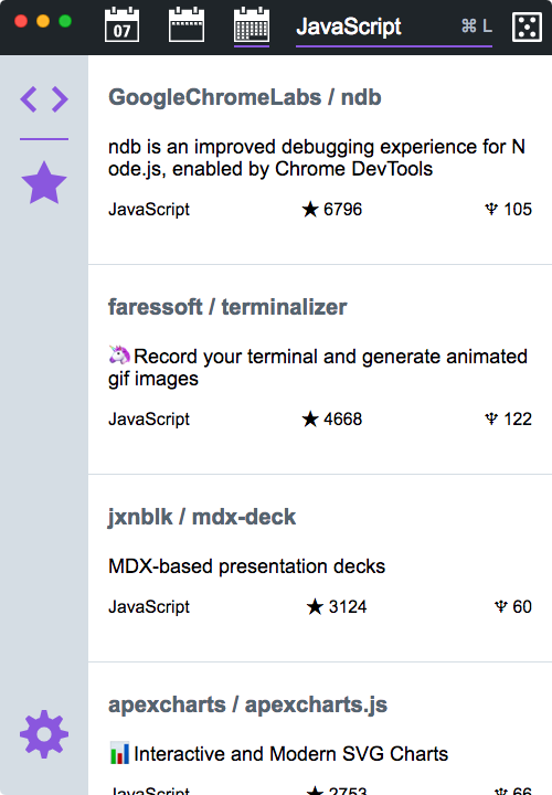Main page of Traverse, searching for monthly trending JavaScript repositories